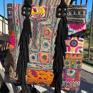 Suede and vintage Indian fabric purse